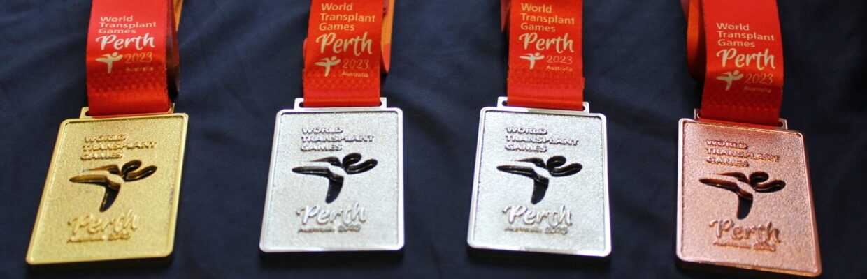 Wayne Hartley's four medals from the World Transplant Games 2023 that he won in Perth, Australia (one gold, two silver and one bronze)